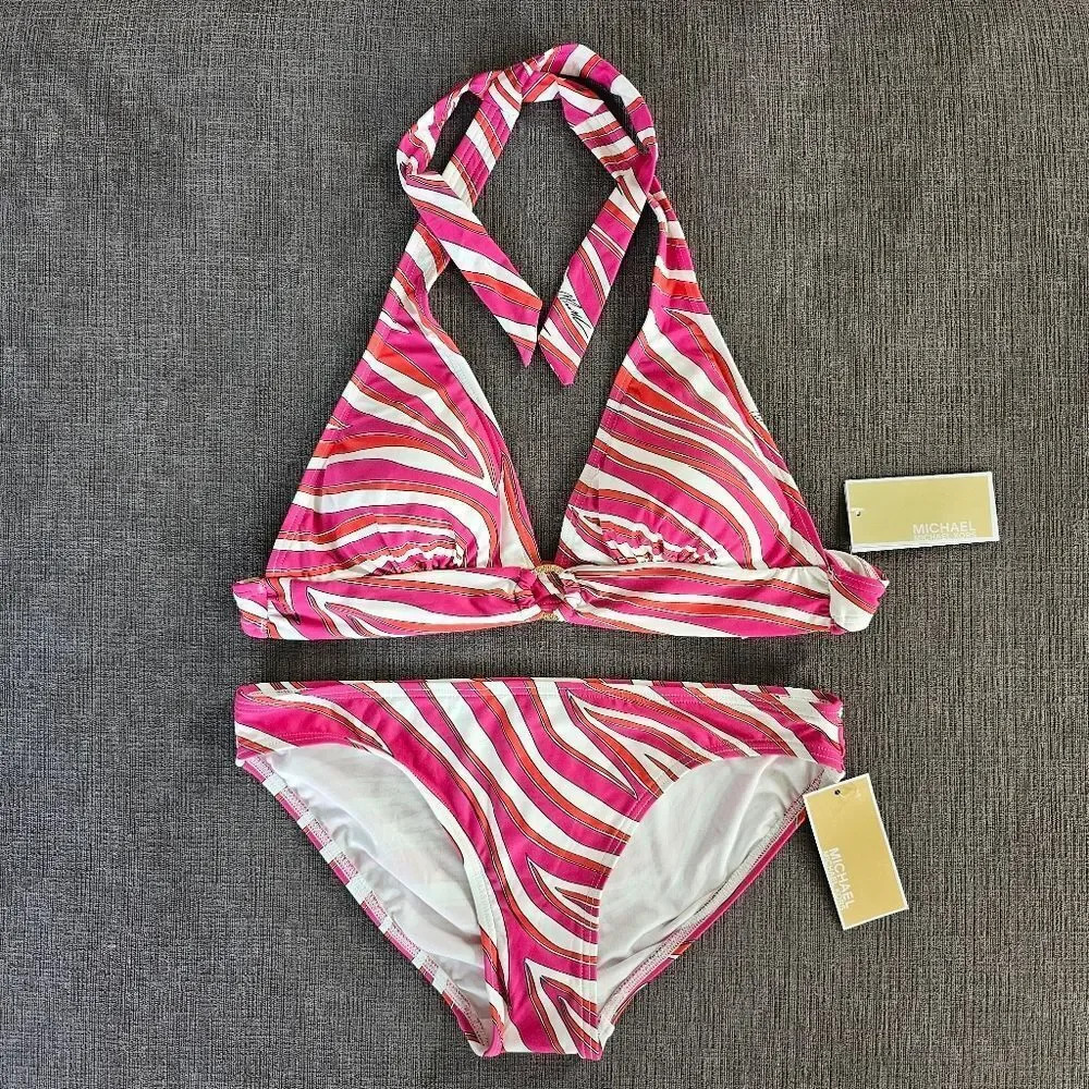 Michael Kors Women's Zebra Print Logo Ring Halter Hipster Bikini Set Size Large